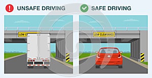Safe and unsafe driving. Semi-trailer and sedan car goes under the low clearance overpass.
