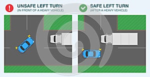 Safe and unsafe left turn. Top view of a car turning in front of a heavy vehicle on crossroad.