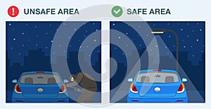 Safe and unsafe parking area at night. Back view of a car parked in a well-lit place.