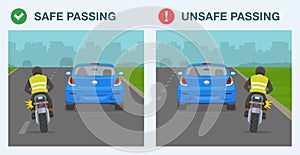 Safe and unsafe passing on road. Motorcycle rider is trying to overtake the car from the right and left side.