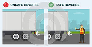 Safe and unsafe reverse. Spotter helps to reverse truck and shows stop gesture. Side view.