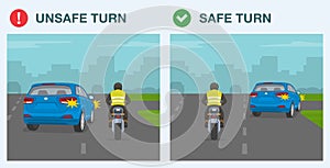 Safe and unsafe right turn on road. Back view of suv cutting off the motorcycle rider.