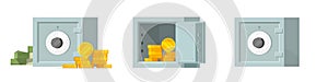 Safe vault money box icon vector, bank deposit cash flat and 3d graphic design, open and closed metal steel finances storage