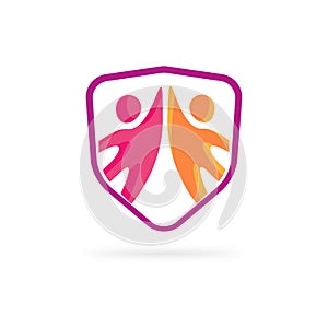 Safeguard family care unity defence protection shield icon logo vector, people and children insurance emblem logotype sign,