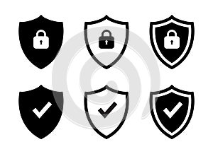 Safeguard, shield guard icon vector. Lock security safety sign with checkmark and padlock symbol