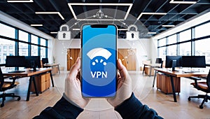 Safeguarding Digital Privacy: Secure VPN Connection via Smartphone in a Modern Workspace in the background
