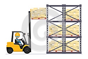 Safely driving a forklift. Fork lift truck lifting pallet with boxes to an industrial warehouse rack. Forklift driving safety.