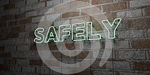 SAFELY - Glowing Neon Sign on stonework wall - 3D rendered royalty free stock illustration