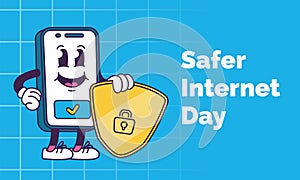 Safer internet day. Phone with a shield in trendy groovy style