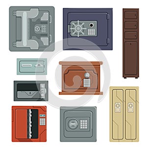 Safes for saving money and documents set, property security concept vector Illustrations isolated on a white background