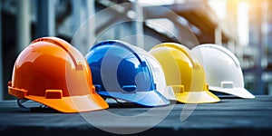 Safety banner. Building construction engineering concept background. Safety construction worker helmet