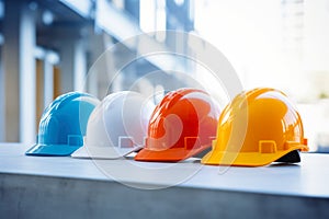 Safety banner. Building construction engineering concept background. Safety construction worker helmet