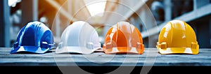 Safety banner. Building construction engineering concept background. Safety construction worker helmet