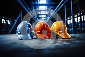 Safety banner. Building construction engineering concept background. Safety construction worker helmet