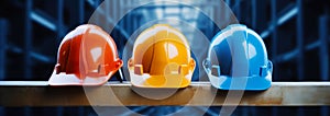 Safety banner. Building construction engineering concept background. Safety construction worker helmet