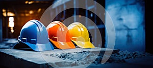 Safety banner. Building construction engineering concept background. Safety construction worker helmet