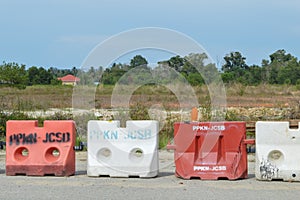 Safety barricades at the roadside. Barricade of construction in street