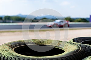 Safety barrier with rubber tires on asphalt motorsport circuit t