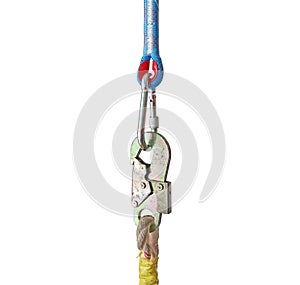 Safety Belt Hook and Hiking Rope on white background Safety Concept Abstract