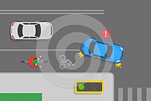 Safety bicycle driving. Blue sedan car is turning right in front of cyclist on crossroad. Do not cross or occupy bike lane.