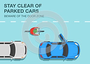 Safety bicycle driving rules. Stay clear of parked cars, beware of the door zone. Top view of a cyclist on road.