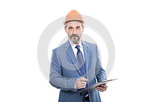 safety business expertise. successful man in hardhat making notes. entrepreneur read project.