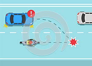 Safety car driving and bike riding rules. Don`t cut off other vehicles warning. Dangerous right turn in front of a motorcycle.