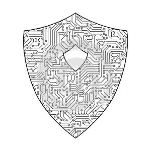 Safety circuit board shield icon for protecting password on white background in digital data code in security technology concept.