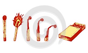 Safety colorful matches collection with burning match with fire, open match, burnt match and box of matches isolated on