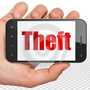 Safety concept: Hand Holding Smartphone with Theft on display