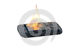 Safety concept- Mobile phone battery explodes and burns due to overheat on white background