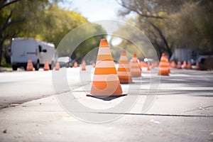 safety cones forming a line on a newly tarred road