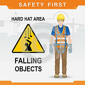 Safety at the construction site. Safety first. Falling objects. Hard hat area