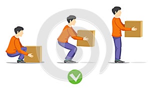 Safety correct lifting of heavy box vector illustration