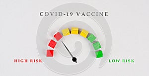 Safety of covid-19 vaccination, high and low risk, arrow is pointing to the red risky area, medical issue