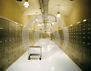 Safety deposit boxes and warehouses in the armored underground area of a building