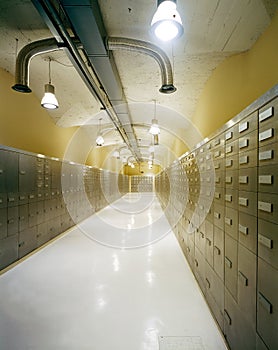 Safety deposit boxes and warehouses in the armored underground area of a building