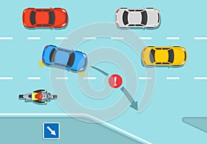 Safety driving car rules. Dangerous and wrong exit from the main road or from highway. Diverge road scene.