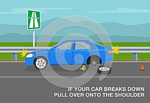 If your car breaks down, pull over onto the shoulder of the road. Traffic rules on highway, speedway, motorway. Broken car.