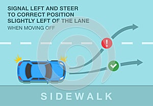 Safety driving rules. How to correct move off. Signal left and steer to correct position slightly left of the lane when moving off