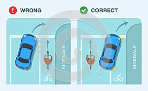 Safety driving tips. Right turn and bike lane traffic rules. Sedan car and cyclist on a bicycle lane.