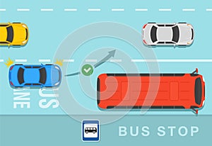 Safety driving and traffic regulating rules. Blue sedan car is about to changing lane to overtake the bus.