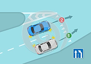 Safety driving and traffic regulating rules. Merging onto the highway. Blue sedan car gives way to vehicles from right.