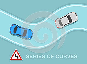 Safety driving and traffic regulating rules. Three or more curves in a row on the road ahead sign.