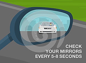 Safety driving and traffic rules. Close-up view of a vehicle wing mirror. Back view. Check your mirrors every 5-8 seconds.