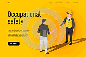 Safety equipment illustration concept. Occupational safety landing page template, two workers who talking about safety
