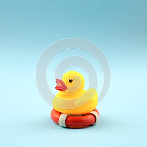 Safety equipment, life buoy or rescue buoy and duck toy on blue background, minimal summer concept