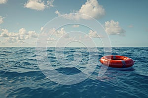Safety equipment. Life buoy or rescue buoy floating on sea to rescue people. Generative AI