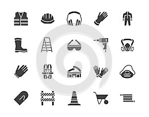 Safety equipment, required PPE flat silhouette icons set. Protective gloves builder helmet respirator, harness vector