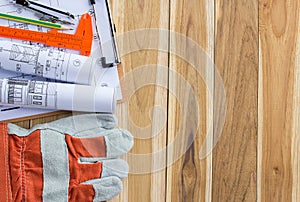 Safety equipment and tool kit on wooden table